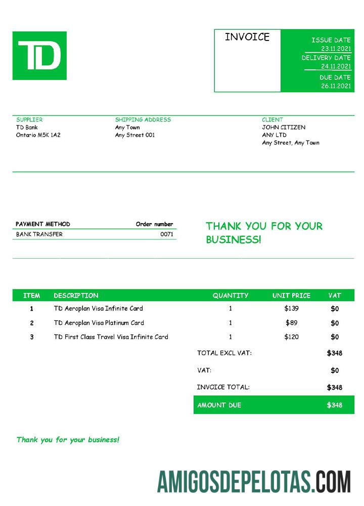 Fatura TD dos EUA amostra